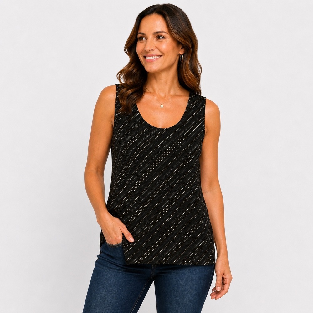 Chico's Travelers Size 2 Large Black Gold Metallic Sleeveless Tank Top Blouse